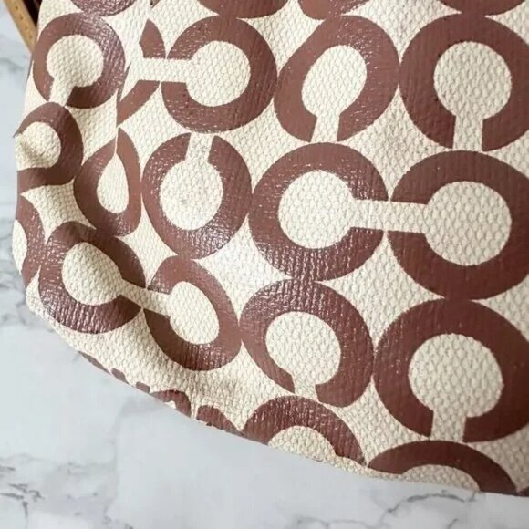 Coach Op Art Tan Brown Pleated Coated Canvas Large Zip Top Wristlet - Picture 2 of 13